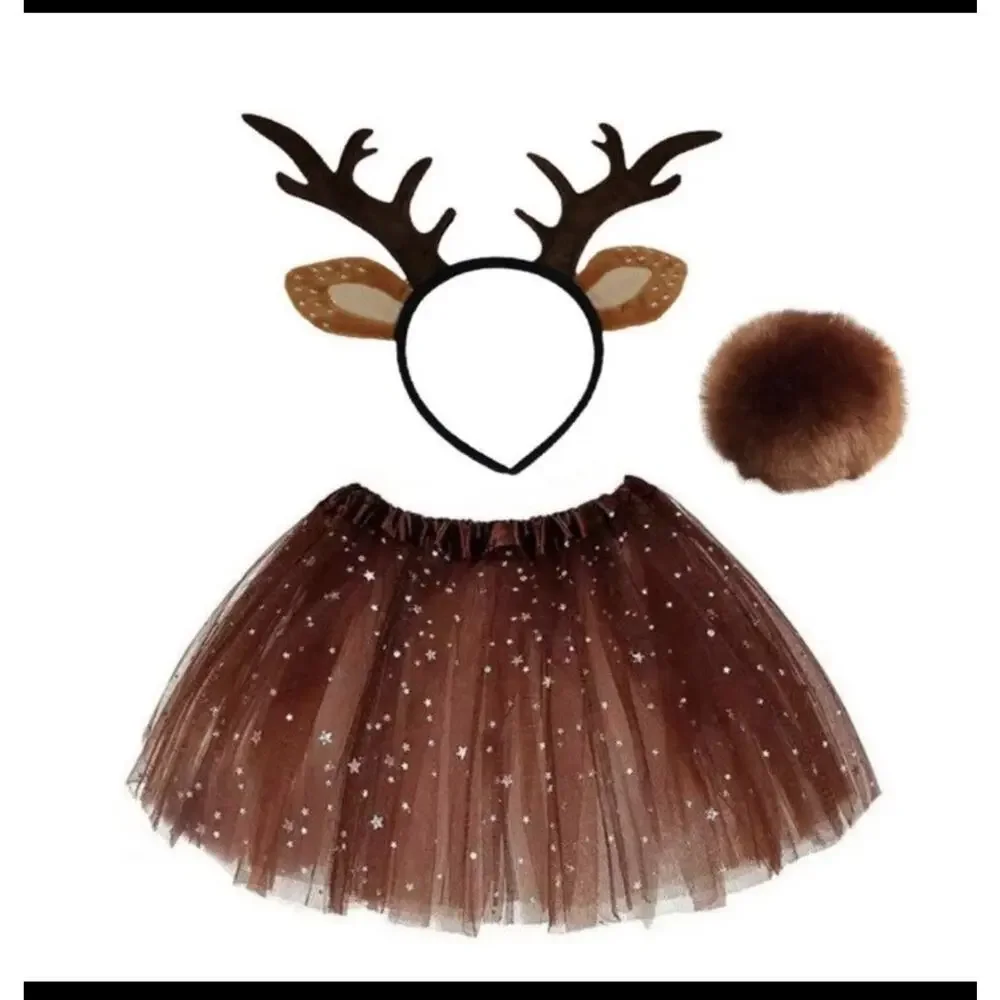 Deer Costume Antler Headband With Ears, Small Tail And Short Skirt Girls